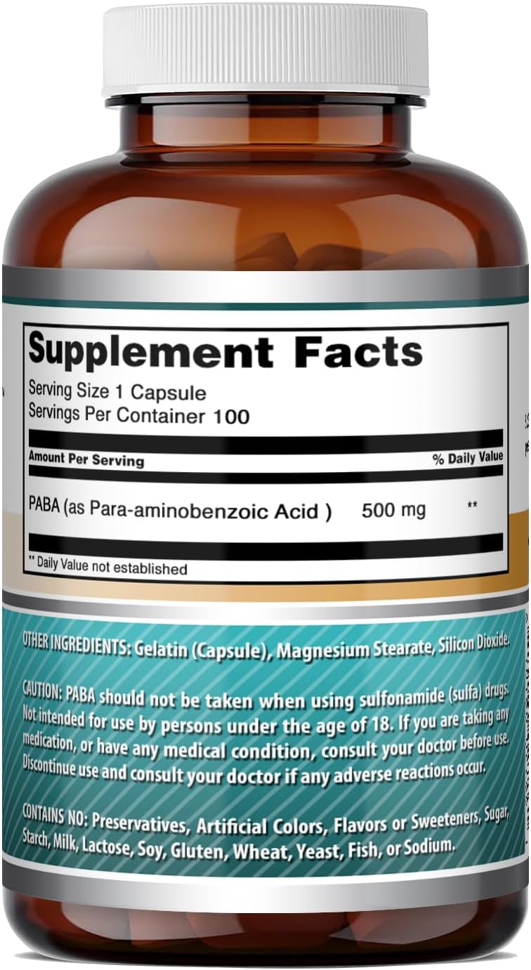 Amazing Formulas PABA 500 mg Suplemento | Cápsulas | No-GMO | Sin Gluten | Fabricado en EE. UU. (1 Paquete | 100 Unidades)
