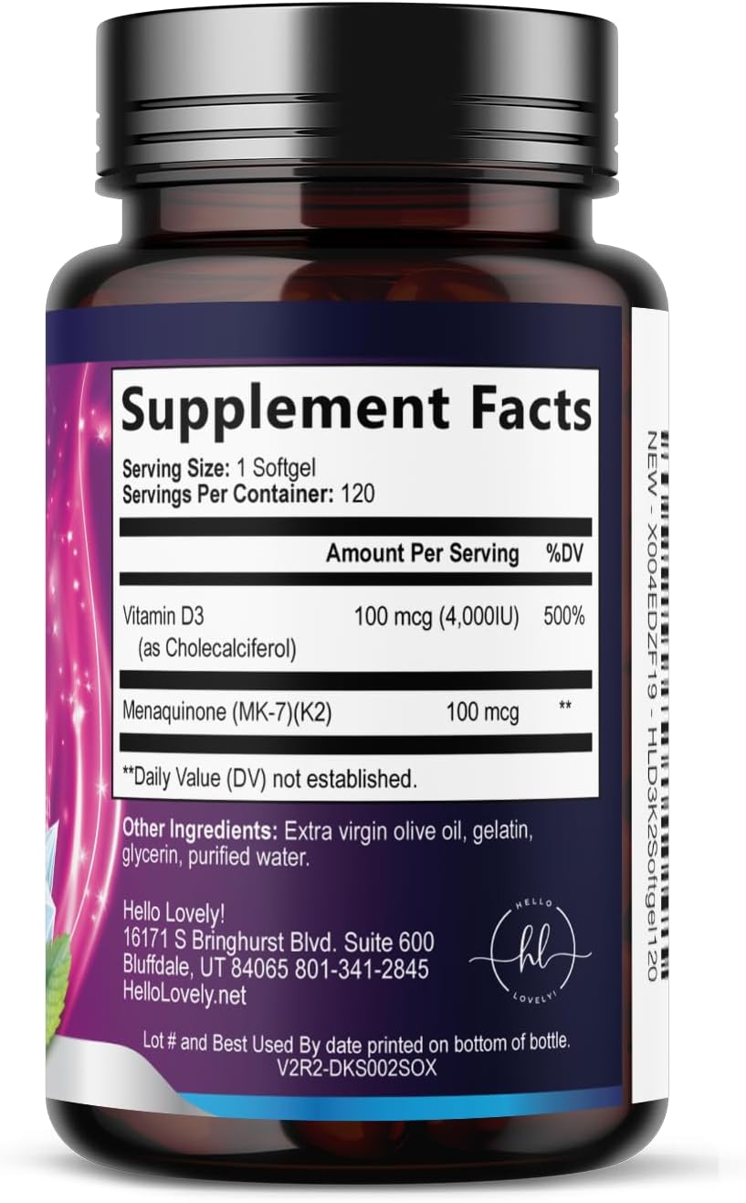 Hello Lovely! Vitamina D3 con K2 (MK-7) - 4000 IU (100 mcg) por porción - 120 Cápsulas Blandas