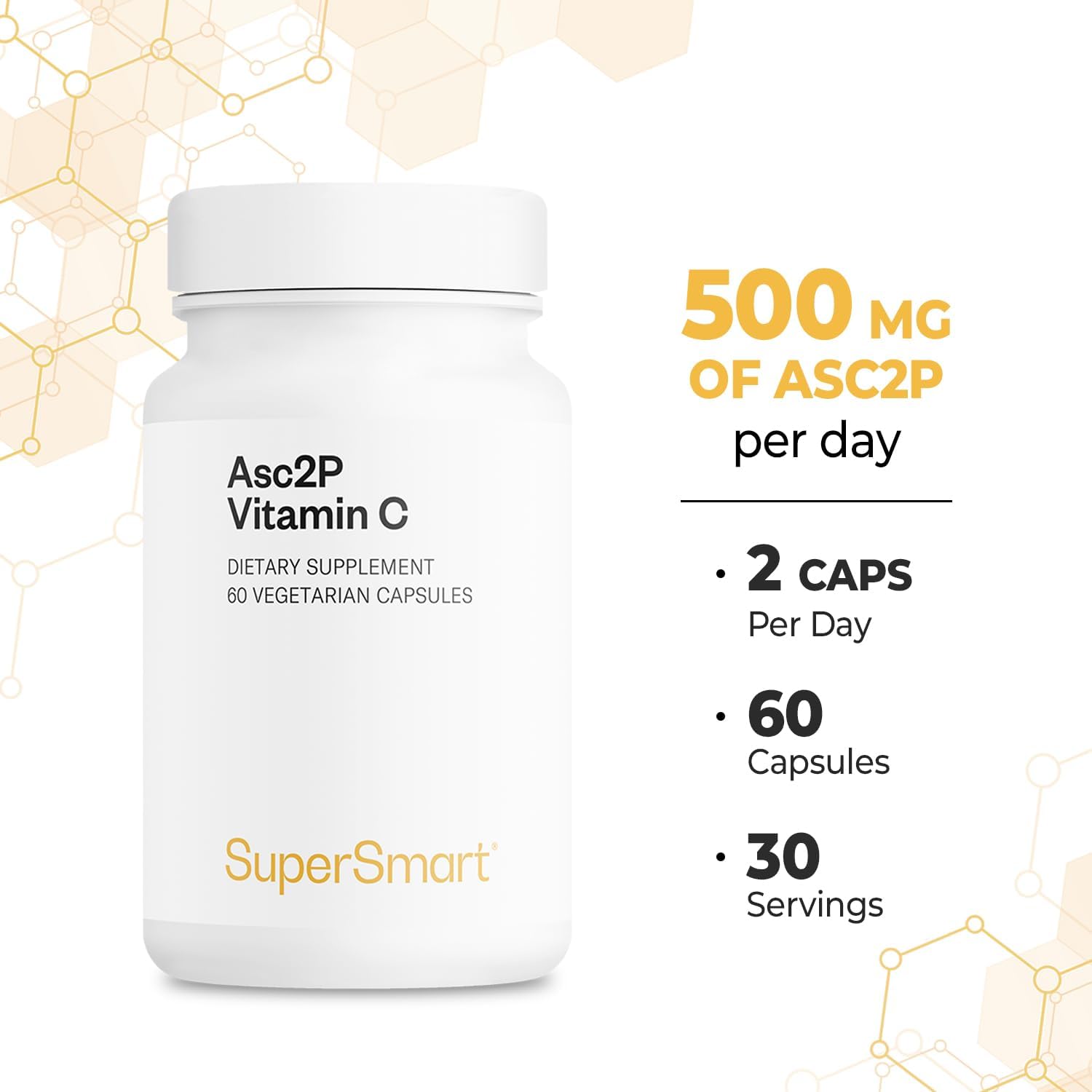 Supersmart Asc2P Vitamina C 500 mg al día (fórmula avanzada) - Suplemento de magnesio-ascorbil-fosfato | Sin OGM y sin gluten - 60 cápsulas vegetales