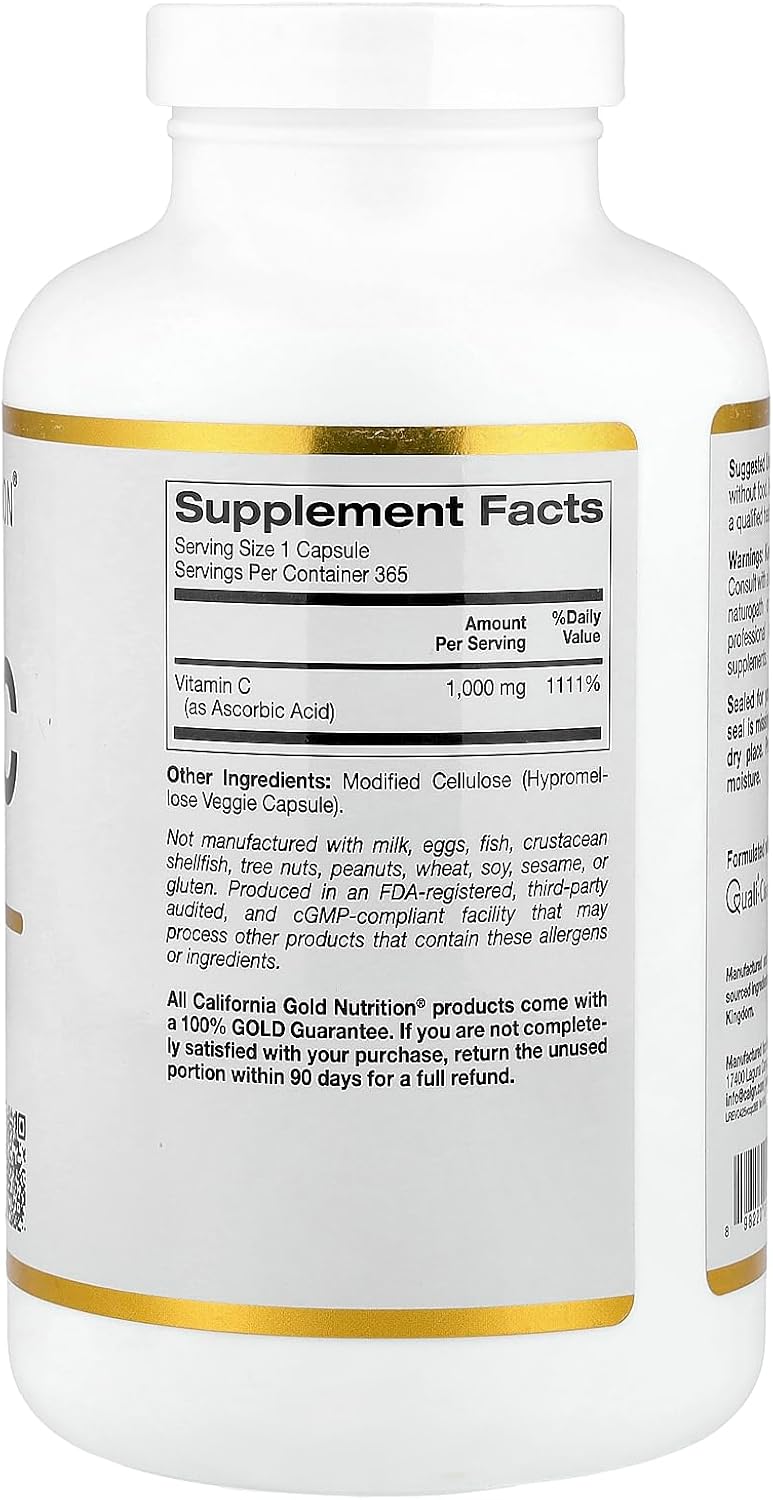Lake Avenue Nutrition Vitamina C 1000 mg - 365 Cápsulas Vegetales - Ácido Ascórbico Quali-C