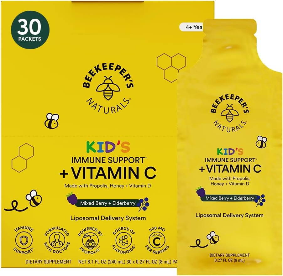 Beekeeper's Naturals Kid's Immune Liposomal Vitamin C - 500 mg de Vitamina C con Saúco, Vitamina D, Propóleo y Miel - Sabor Bayas Mixtas - 30 Sobres