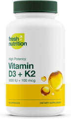 Fresh Nutrition Vitamina D3 + K2 Vegana - 5000 UI D3 + 100mcg K2 como MK-7 - 90 Cápsulas