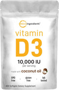 Micro Ingredients Vitamina D3 10,000 IU, 400 Softgels con Aceite de Coco Virgen
