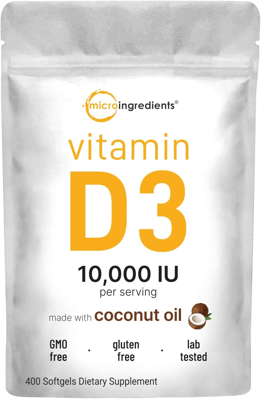 Micro Ingredients Vitamina D3 10,000 IU, 400 Softgels con Aceite de Coco Virgen