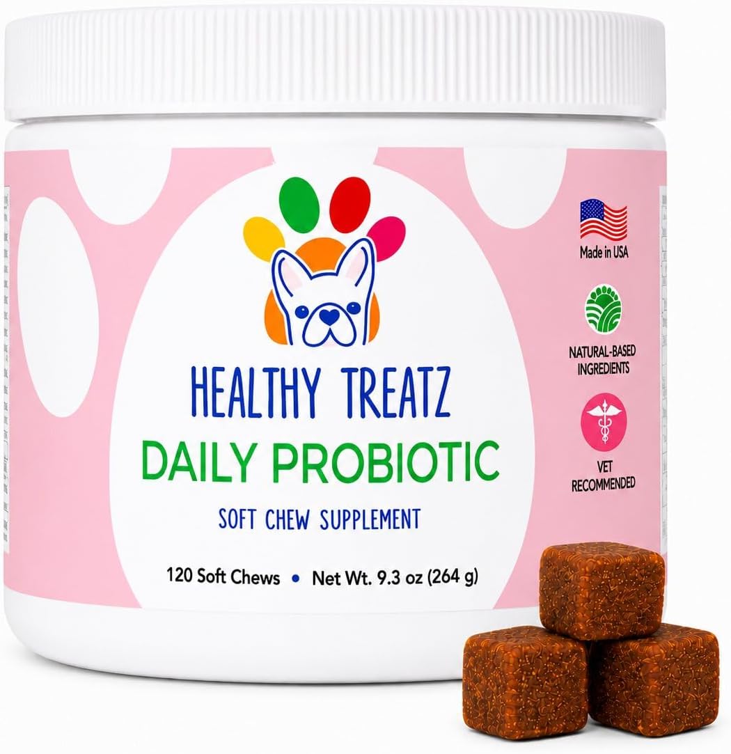 HealthyTreatz Probióticos para Perros – 2 Mil Millones UFC, 6 Cepas con Enzimas Digestivas – Masticables Blandos, 120 uds