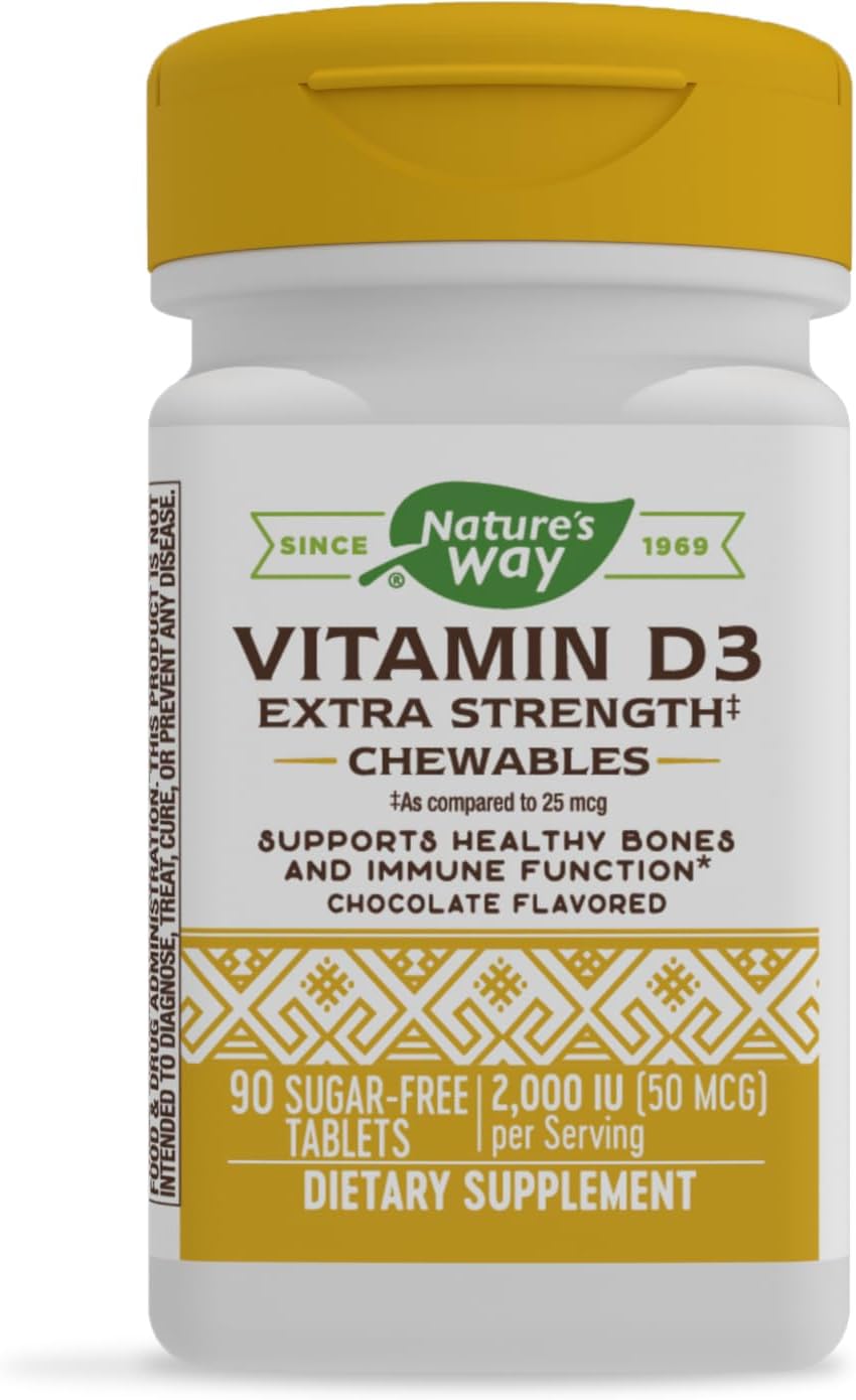 Nature's Way Vitamina D3 Extra Strength, Sin Azúcar, Sabor Chocolate, 90 Comprimidos Masticables