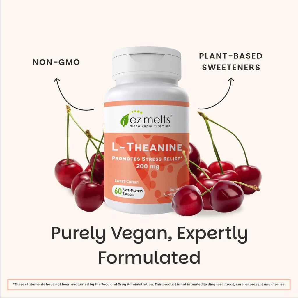 EZ Melts L-Teanina 200 mg - Suplemento para el Estrés y la Relajación - Sin Sabores Artificiales - Sin Somnolencia - No GMO y Vegano - Cereza Dulce - 60 Comprimidos Disolubles (30 Dosis)