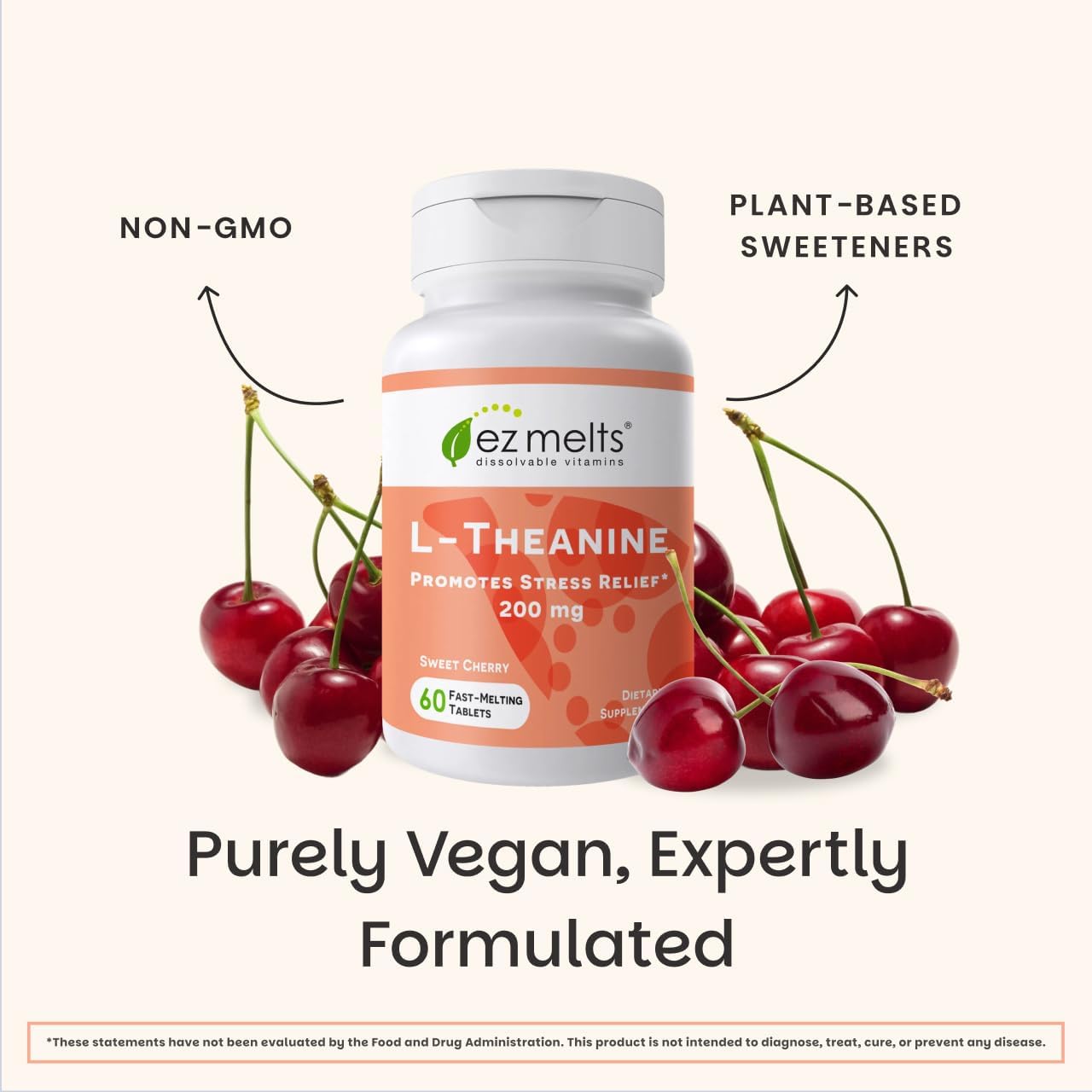 EZ Melts L-Teanina 200 mg - Suplemento para el Estrés y la Relajación - Sin Sabores Artificiales - Sin Somnolencia - No GMO y Vegano - Cereza Dulce - 60 Comprimidos Disolubles (30 Dosis)