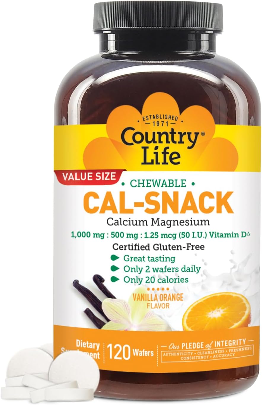 Country Life Cal-Snack - Comprimidos Masticables de Calcio y Magnesio con Vitamina D3, Sabor Naranja Vainilla
