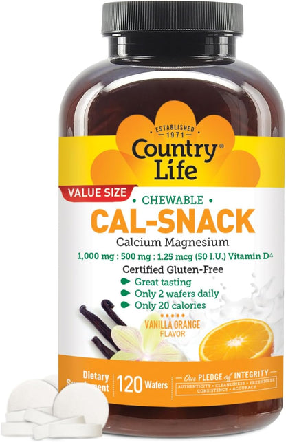Country Life Cal-Snack - Comprimidos Masticables de Calcio y Magnesio con Vitamina D3, Sabor Naranja Vainilla – Image 1
