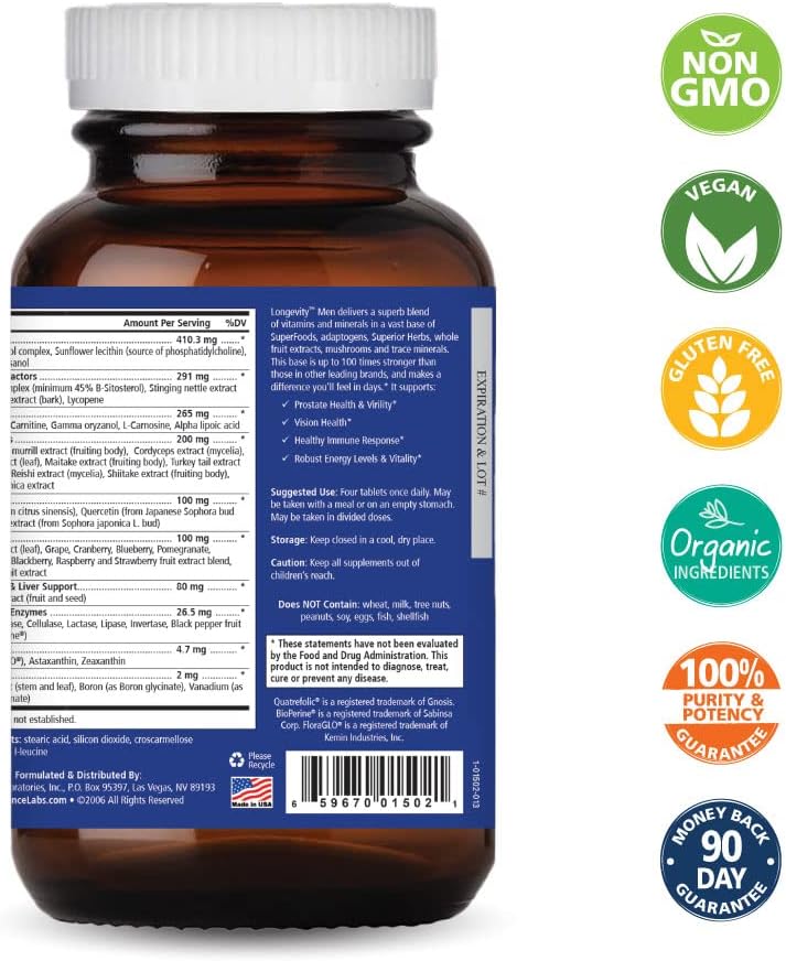 Pure Essence Labs Longevity Multivitamínico para Hombres Mayores de 40 Años - con Superalimentos, Minerales, Enzimas, Vitamina D3, B12, Biotina - 120 Comprimidos