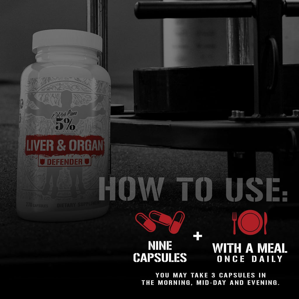 Rich Piana 5% Nutrition Liver & Organ Defender Cycle Support Plus NAC | Apoyo Hepático, Próstata, Corazón, Riñones y Piel | Cardo Mariano, Saw Palmetto, Espino Blanco (30-90 Servicios)