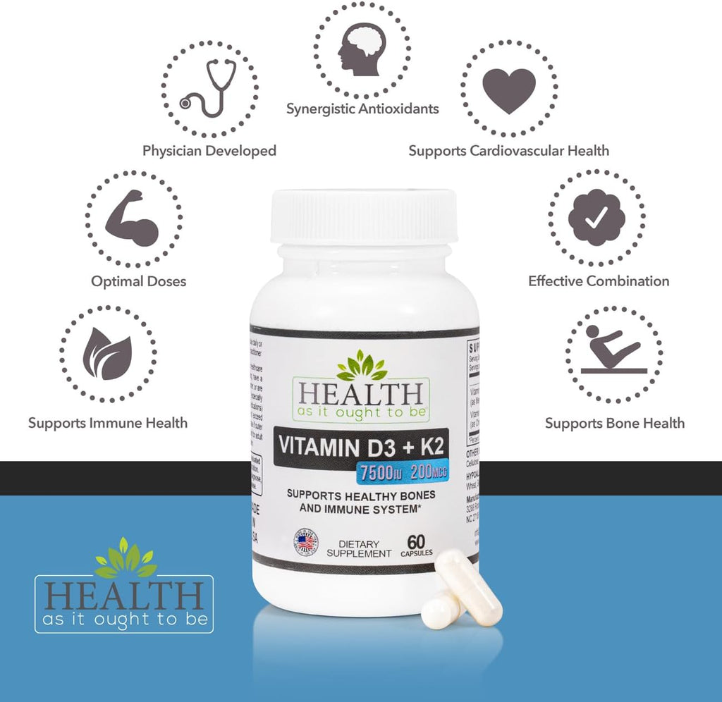 HAIOTB D3+K2: Vitamina D3 7500 UI + K2 200 mcg - 60 Cápsulas