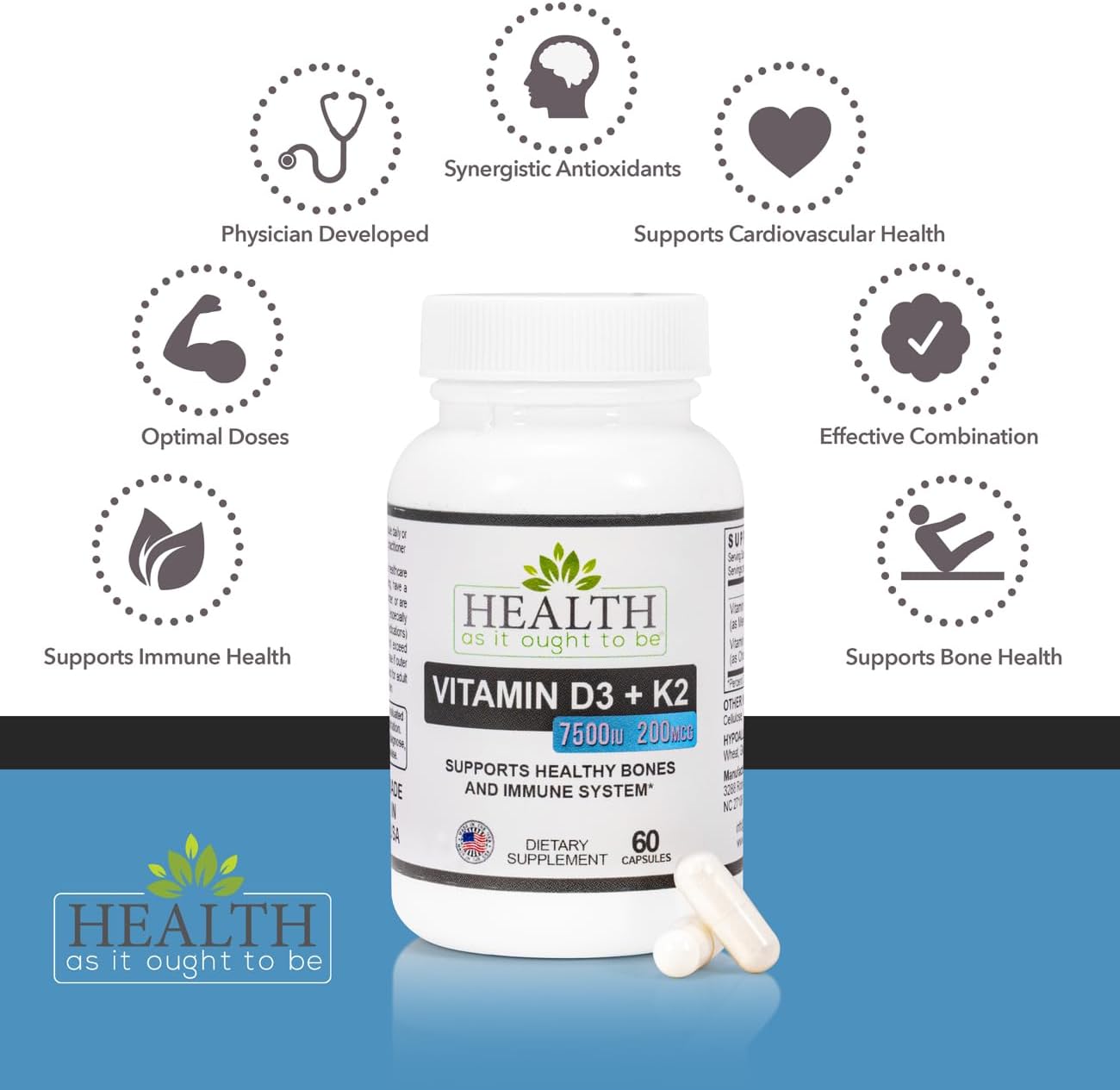HAIOTB D3+K2: Vitamina D3 7500 UI + K2 200 mcg - 60 Cápsulas
