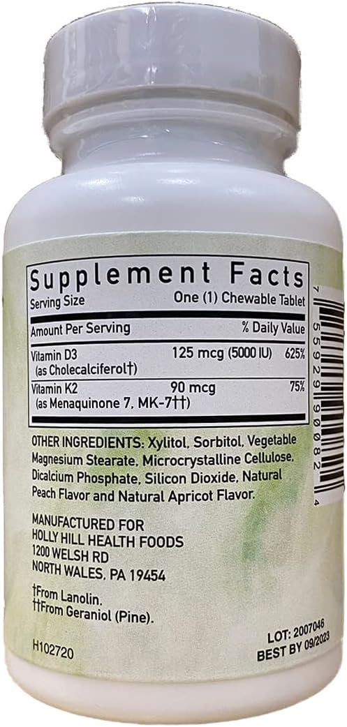 Holly Hill Health Foods Fórmula D3 + K2, 90 Comprimidos Masticables Vegetarianos