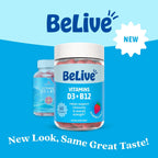 BeLive Gominolas de Vitamina D3 y B12 - 60 uds, Sabor Fresa