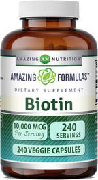Amazing Formulas Biotina 10000 mcg Cápsulas Vegetales - Suplemento de Vitamina B7, Sin OGM, Sin Gluten, 400 Unidades
