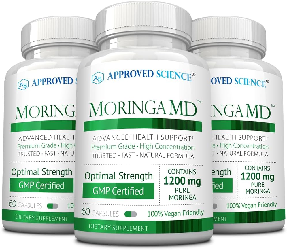 Approved Science MoringaMD - Suplemento de Moringa Oleifera - 1200 mg por dosis, Extracto 4:1 - Cápsulas Veganas - No transgénico - 60 cápsulas - Pack de 3