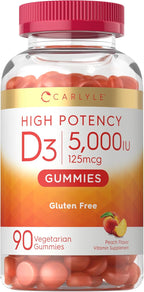Carlyle Vitamin D3 Gummies 5000 IU (125 mcg) | 90 Count | Peach Flavor | Vegetarian, Non-GMO & Gluten Free Supplement