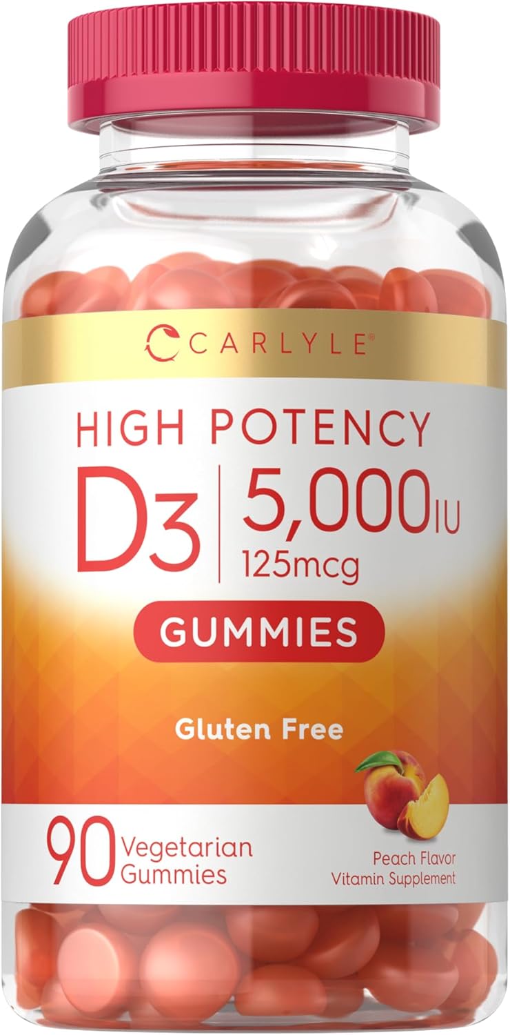 Carlyle Vitamin D3 Gummies 5000 IU (125 mcg) | 90 Count | Peach Flavor | Vegetarian, Non-GMO & Gluten Free Supplement