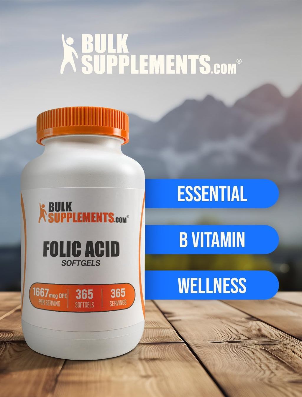 BulkSupplements Ácido Fólico Softgels - Vitamina B9, 1000 mcg, 365 Cápsulas