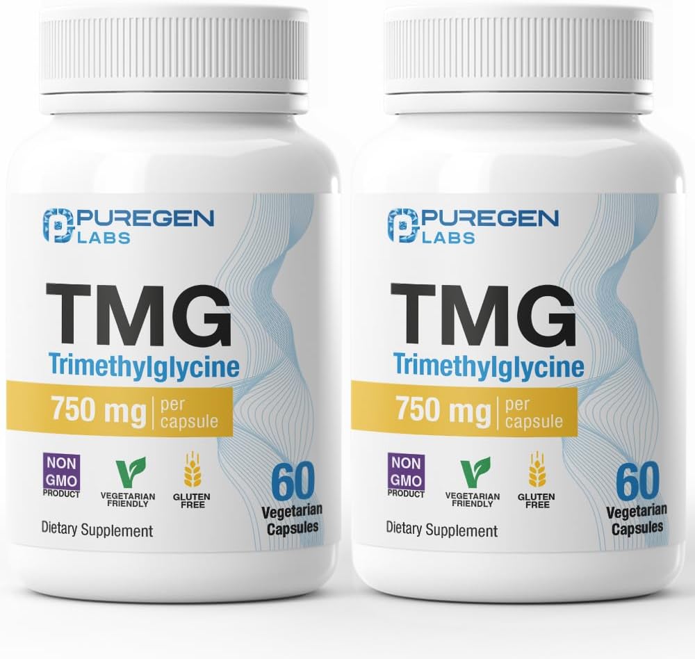 Puregen Labs TMG 750 mg – Trimetilglicina (Betaína) – Apoya niveles saludables de homocisteína – 60 cápsulas vegetales