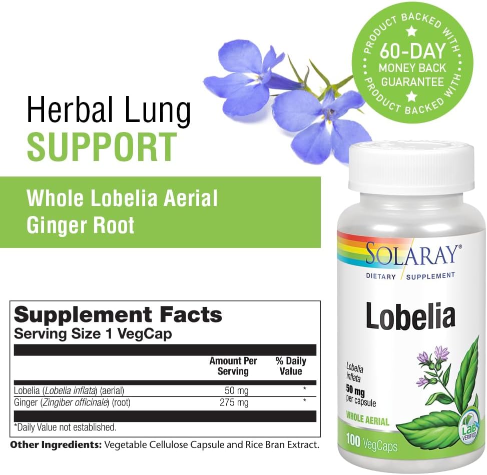 SOLARAY Lobelia Aerial 50mg - Respiratory & Bronchial Support - with Ginger - 100 VegCaps