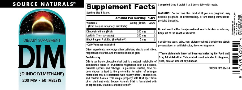 Source Naturals DIM, Diindolylmethane 200mg con BioPerine, Vitamina E y Más - 60 Comprimidos