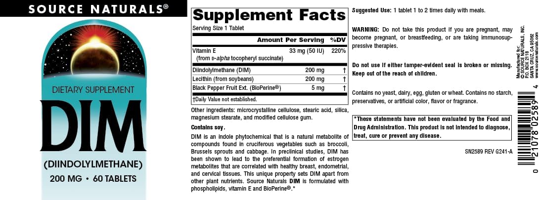 Source Naturals DIM, Diindolylmethane 200mg con BioPerine, Vitamina E y Más - 60 Comprimidos