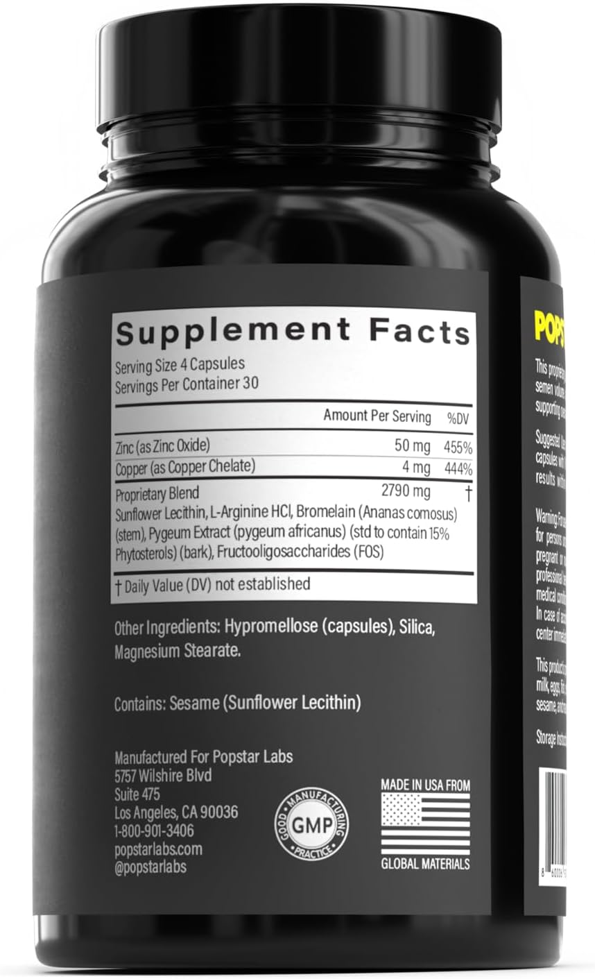 POPSTAR Labs Semen Volume Booster - Potenciador de Volumen de Semen - Salud y Fertilidad Masculina - Formulado por Médicos - Vegano - 240 Cápsulas (Suministro para 2 Meses)