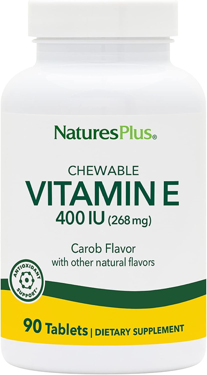 NaturesPlus Vitamina E 400 UI Masticable Sabor Algarroba - 90 Comprimidos - Protección Antioxidante - Sin Gluten, Vegano