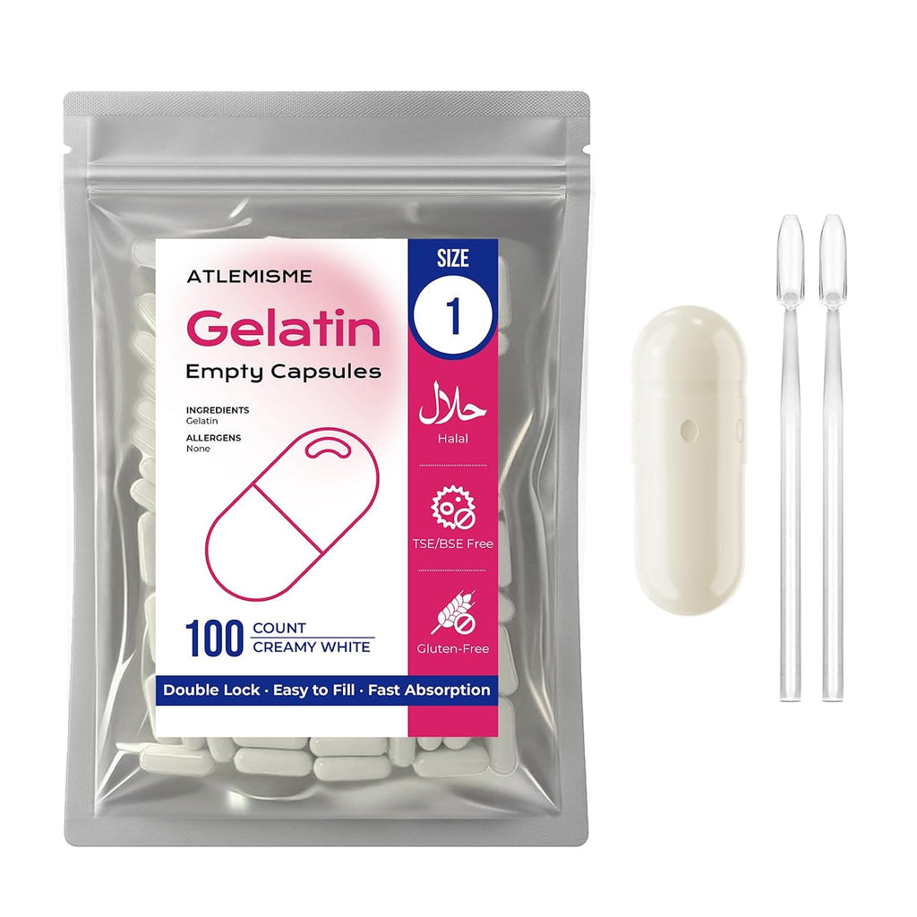 ATLEMISME Cápsulas de Gelatina Vacías Tamaño 1 (1000 uds) – Cápsulas para Rellenar con 2 Micro Cucharas