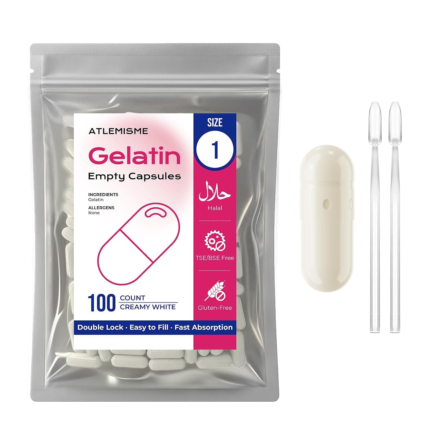 ATLEMISME Cápsulas de Gelatina Vacías Tamaño 1 (1000 uds) – Cápsulas para Rellenar con 2 Micro Cucharas