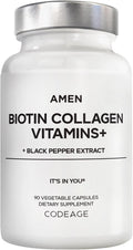 Amen Biotin Collagen Vitamins+ Biotina 10.000 mcg con Colágeno Marino, 90 Cápsulas