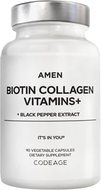 Amen Biotin Collagen Vitamins+ Biotina 10.000 mcg con Colágeno Marino, 90 Cápsulas