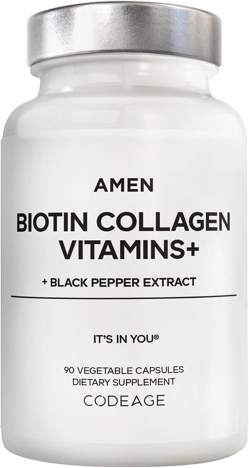 Amen Biotin Collagen Vitamins+ Biotina 10.000 mcg con Colágeno Marino, 90 Cápsulas