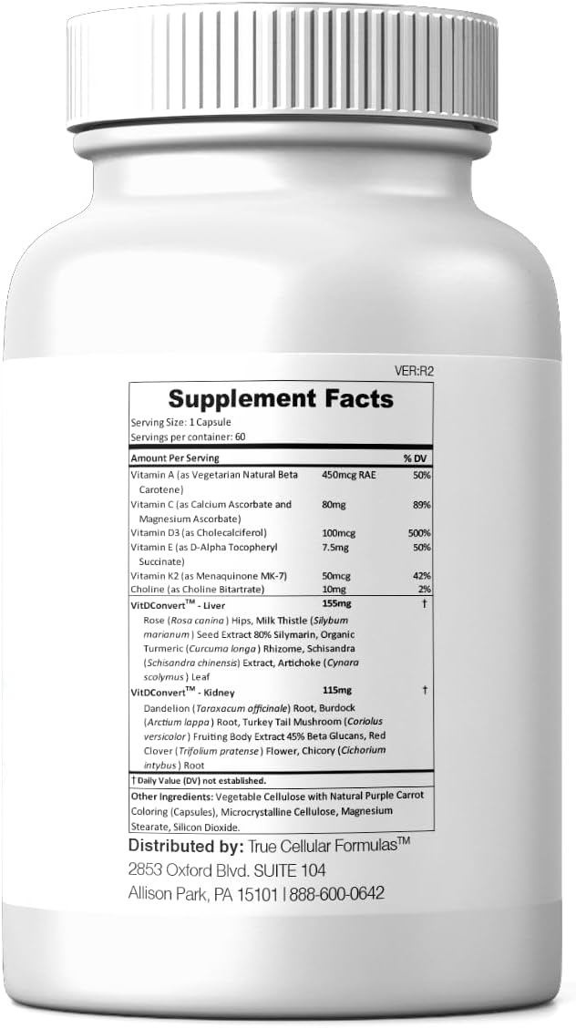 True Cellular Formulas VITDRestore+™ - Vitamina D3 + K2 con Apoyo Hepático y Renal | Sin Soja, No GMO, Vegano, 30 Días