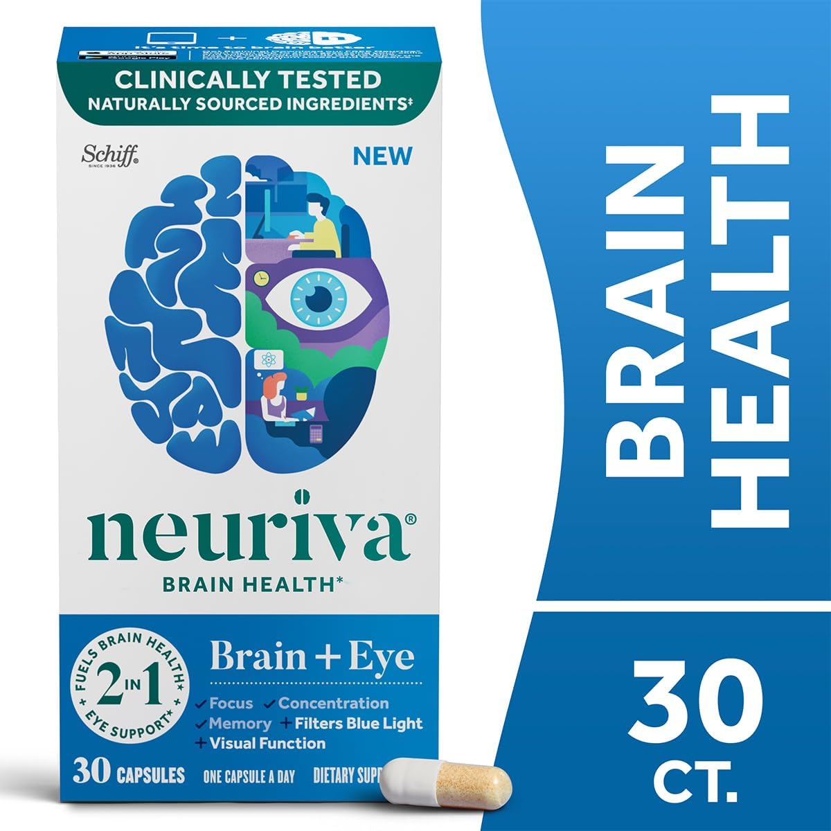 NEURIVA Brain + Eye, Suplemento para Memoria y Visión, 90 Cápsulas