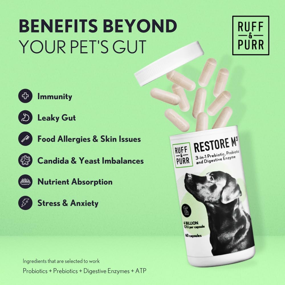 Ruff & Purr Probióticos para Perros – 3 en 1: Probióticos, Prebióticos y Enzimas Digestivas con DE111 y PreforPro