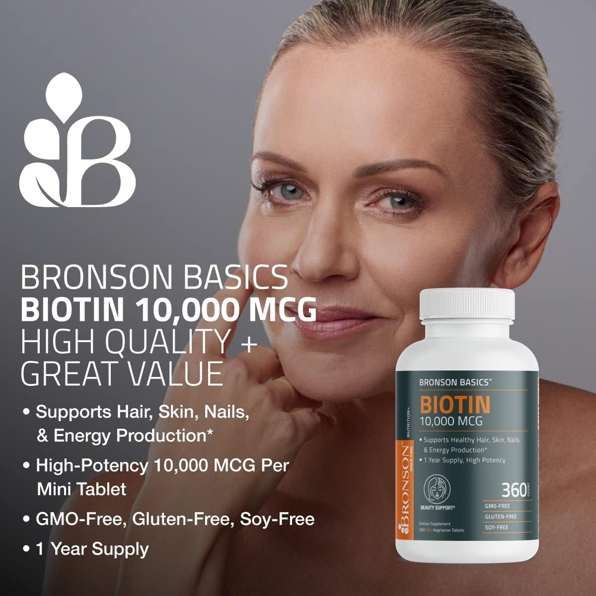 Bronson Biotina 10,000 mcg – Cabello, Piel y Uñas – Vegano – No Transgénico – 150 Comprimidos