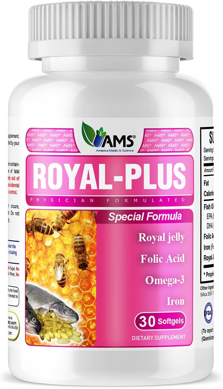 America Medic & Science Royal-Plus Vitaminas Prenatales con Jalea Real, Hierro, Omega-3 y Ácido Fólico - 30 Cápsulas Blandas