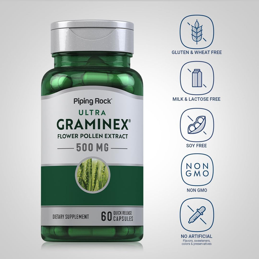 Piping Rock Extracto de polen de flor Graminex | 500 mg | 60 cápsulas | Suplemento para hombres y mujeres | Sin OMG, Sin gluten