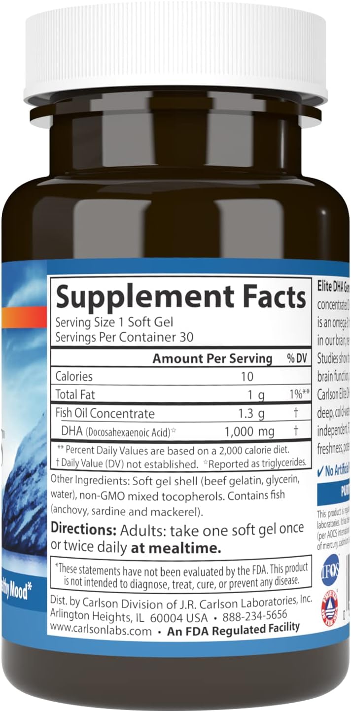 Carlson Elite DHA Gems, 1000 mg DHA, 30 cápsulas blandas