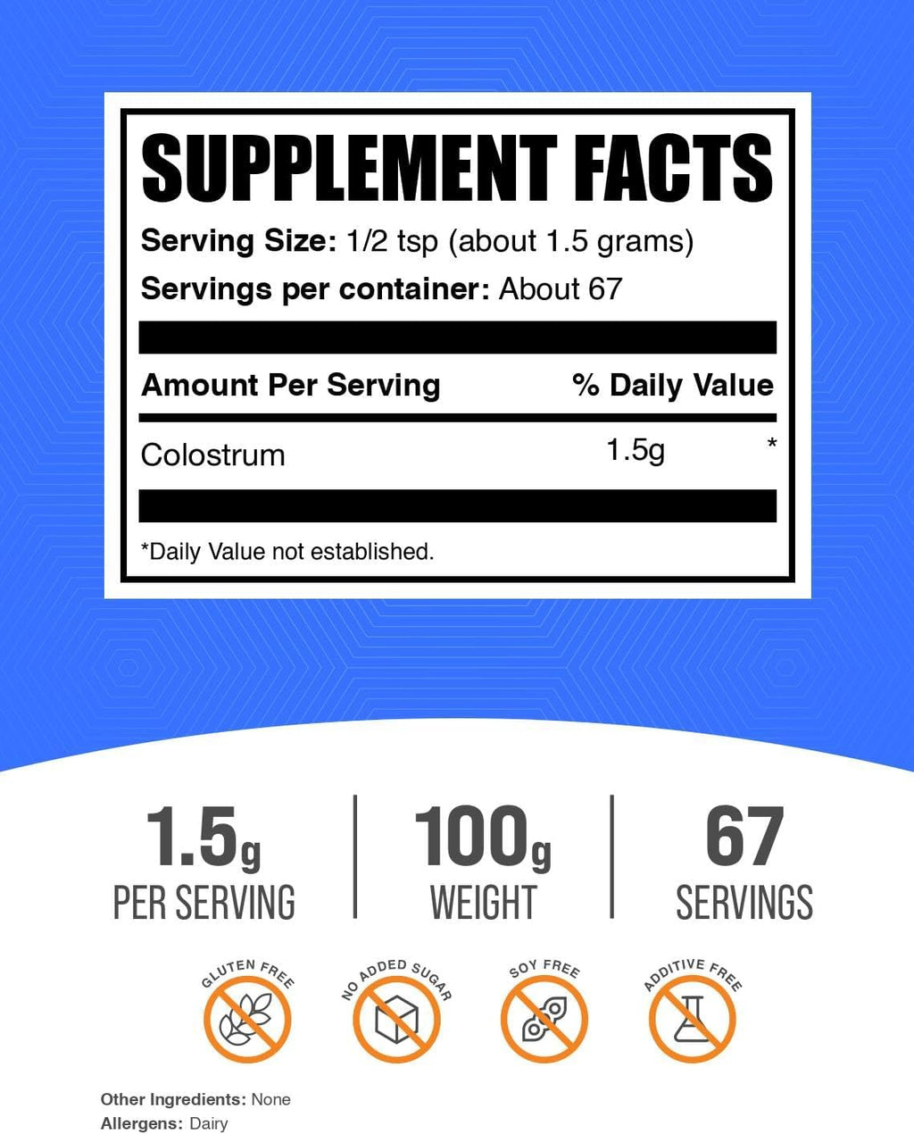 BulkSupplements Colostro Bovino en Polvo - Suplemento de Colostro, Sin Gluten, 1.5g por Ración, 100g