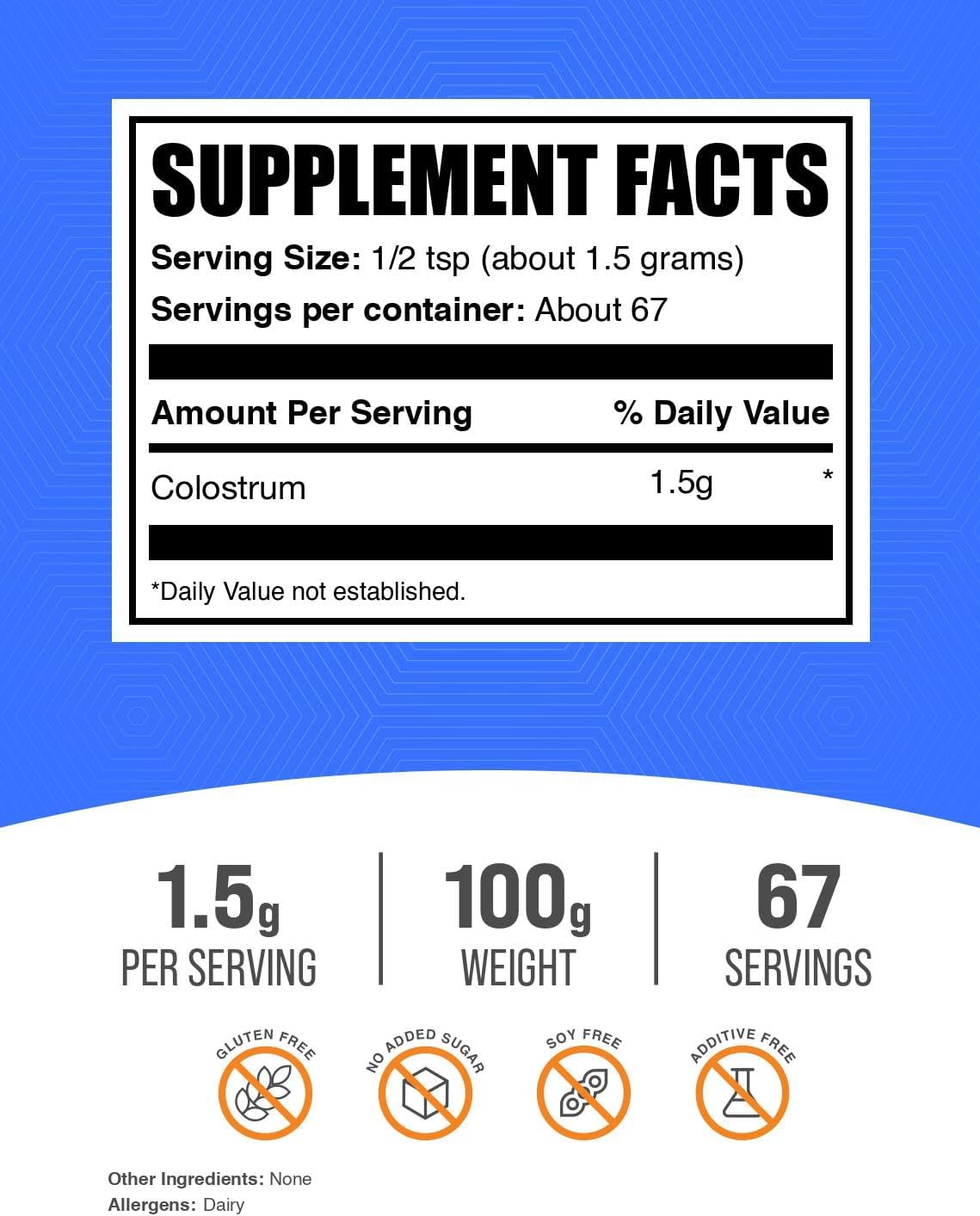 BulkSupplements Colostro Bovino en Polvo - Suplemento de Colostro, Sin Gluten, 1.5g por Ración, 100g