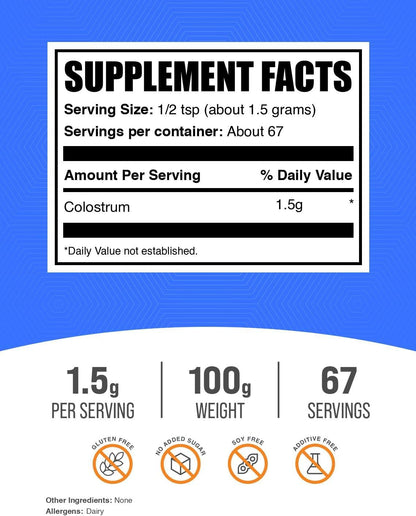 BulkSupplements Colostro Bovino en Polvo - Suplemento de Colostro, Sin Gluten, 1.5g por Ración, 100g – Image 2