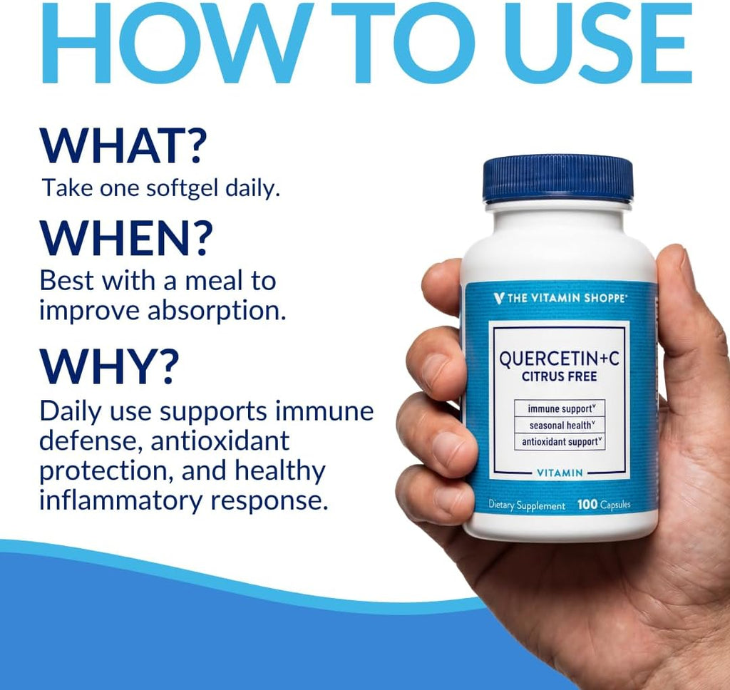 The Vitamin Shoppe Quercetina + C Sin Cítricos, 1400 mg de Vitamina C y 500 mg de Quercetina, 100 Cápsulas