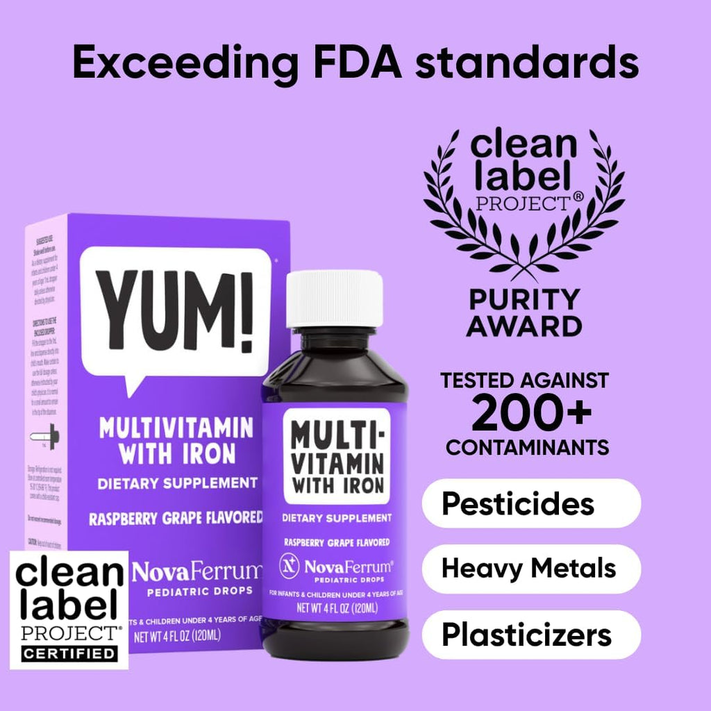NovaFerrum Yum Multivitamínico con Hierro para Bebés y Niños - 120 Dosis - Sin Gluten - Sabor Frambuesa Uva