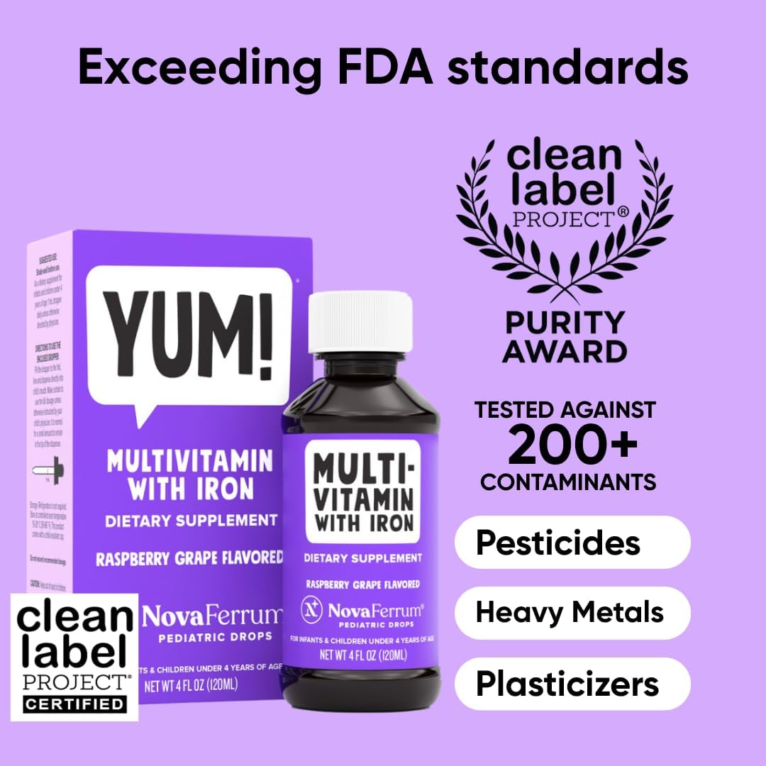 NovaFerrum Yum Multivitamínico con Hierro para Bebés y Niños - 120 Dosis - Sin Gluten - Sabor Frambuesa Uva