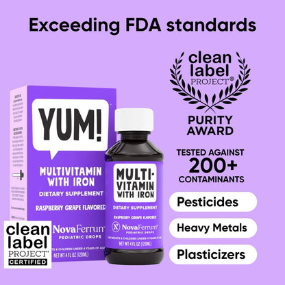 NovaFerrum Yum Multivitamínico con Hierro para Bebés y Niños - 120 Dosis - Sin Gluten - Sabor Frambuesa Uva – Image 2